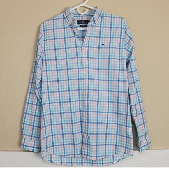 Vineyard Vines Other - Vineyard Vines Whale Shirt Button Down Blue Pink Plaid Cotton Size XL Boys 18